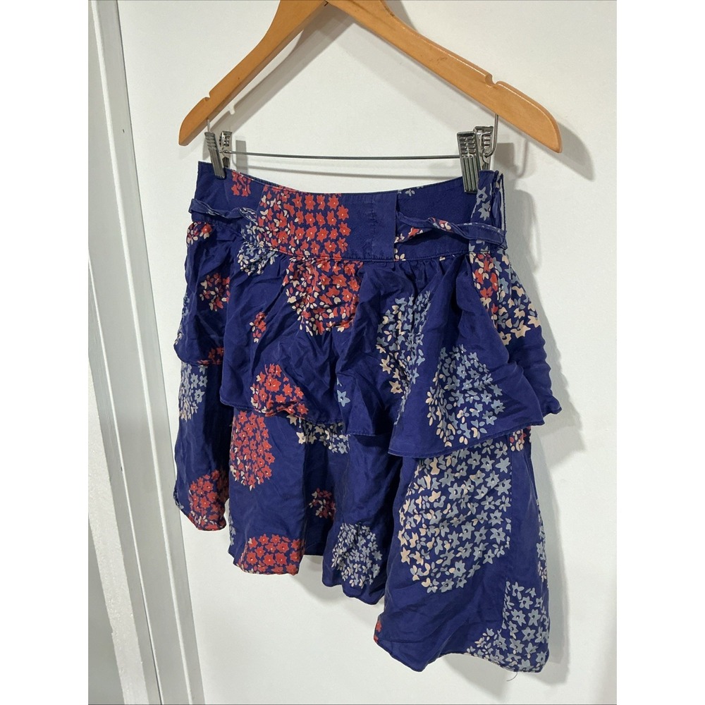 Anthropologie Odille Silk Tiered Ruffle, Skirt Blue Red Floral,Sz 4, Lined - Picture 2 of 11